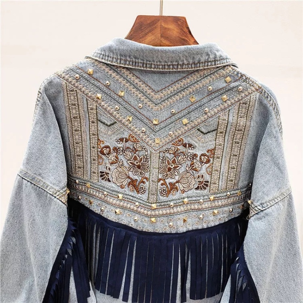 SOLD OUT Oversized Denim Stud Fringe Embroidered Jacket - Picture 1 of 3
